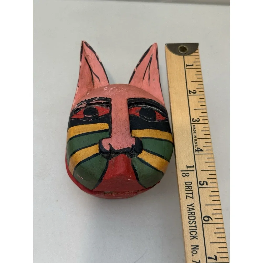 Vintage‎ Folk Art Cat Hand Carved Wood Trinket Box Multicolor Kitty